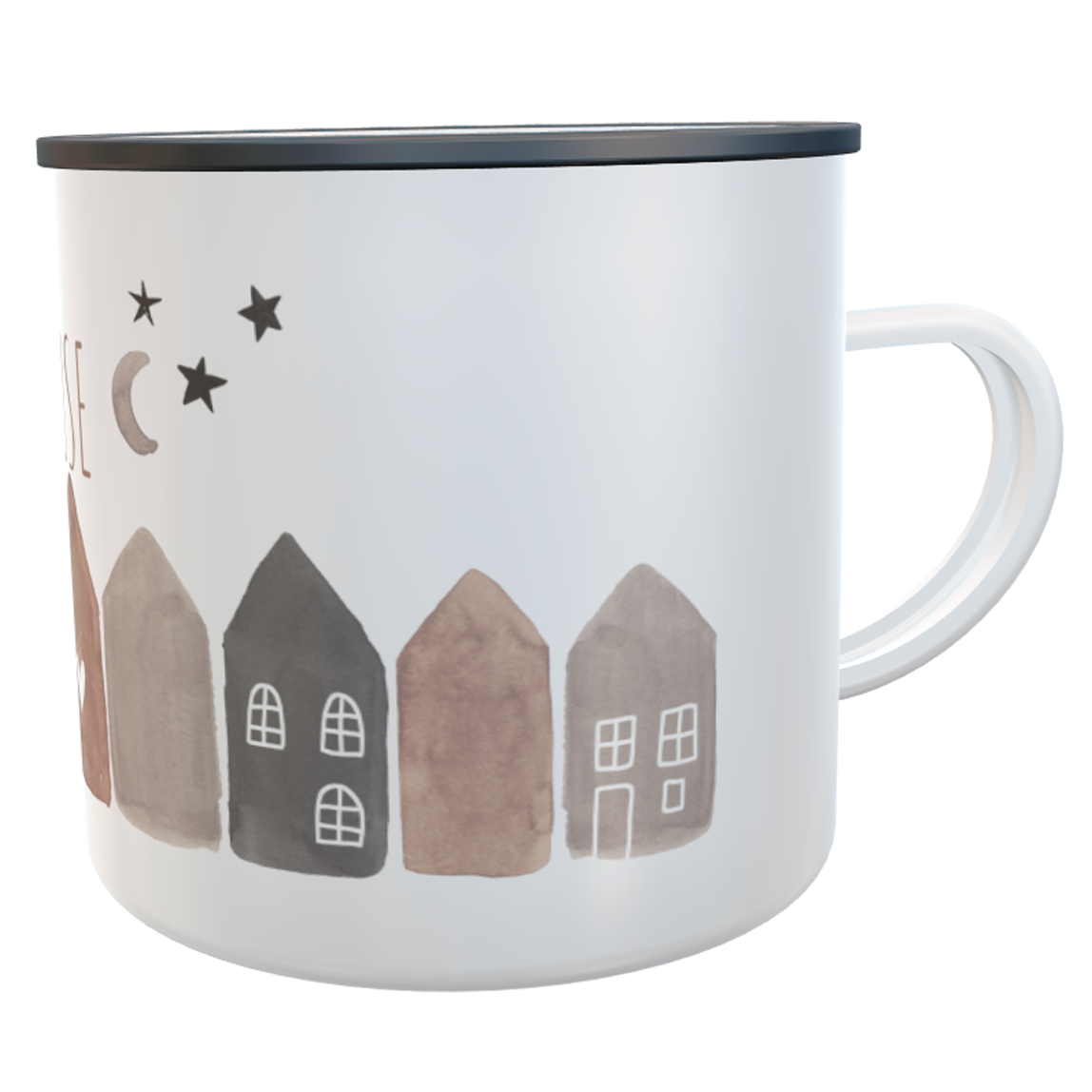 Emaille Tasse mit Aquarell-Häusern, Mond und Sternen Motiv