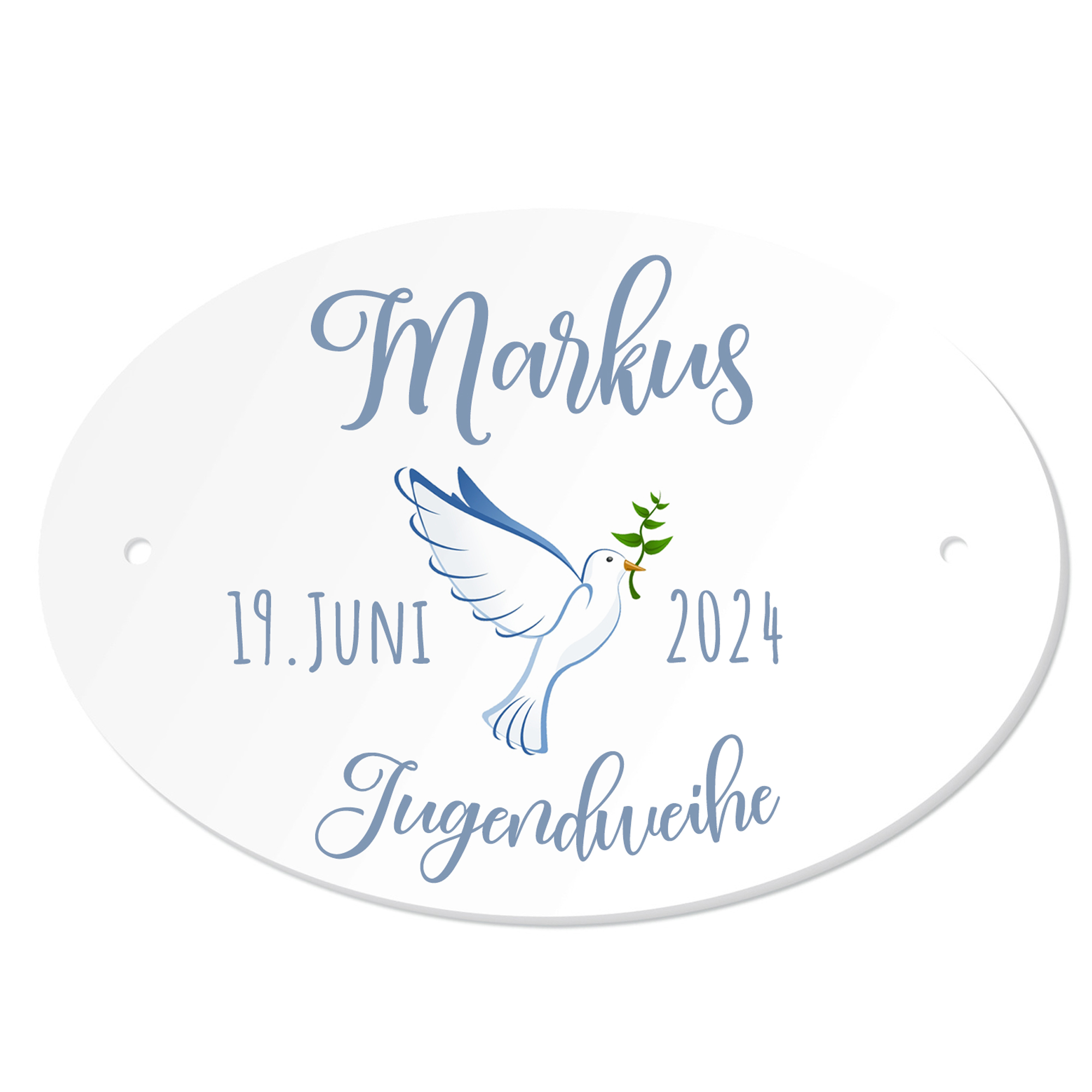 Personalisiertes Namenschild zur Jugendweihe Taube blau