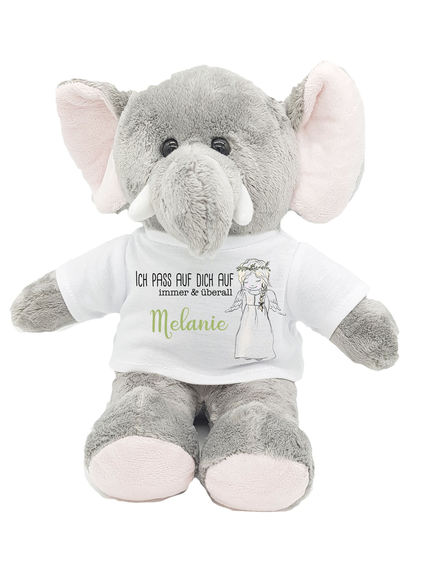 Personalisierter kuscheliger Elefant mit Schutzengel und Blumenkranz