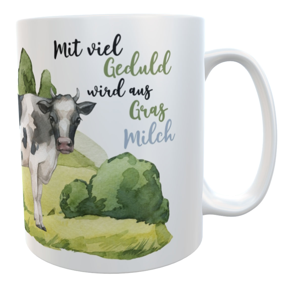 Kaffeetasse Kühe Spruch Mit viel Geduld wird aus Gras Milch