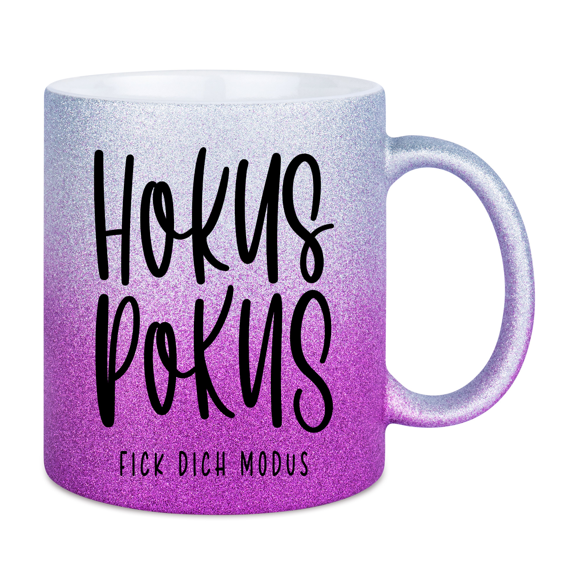 Glitzertasse mit frechem Spruch Hokus Pokus FICK DICH Modus