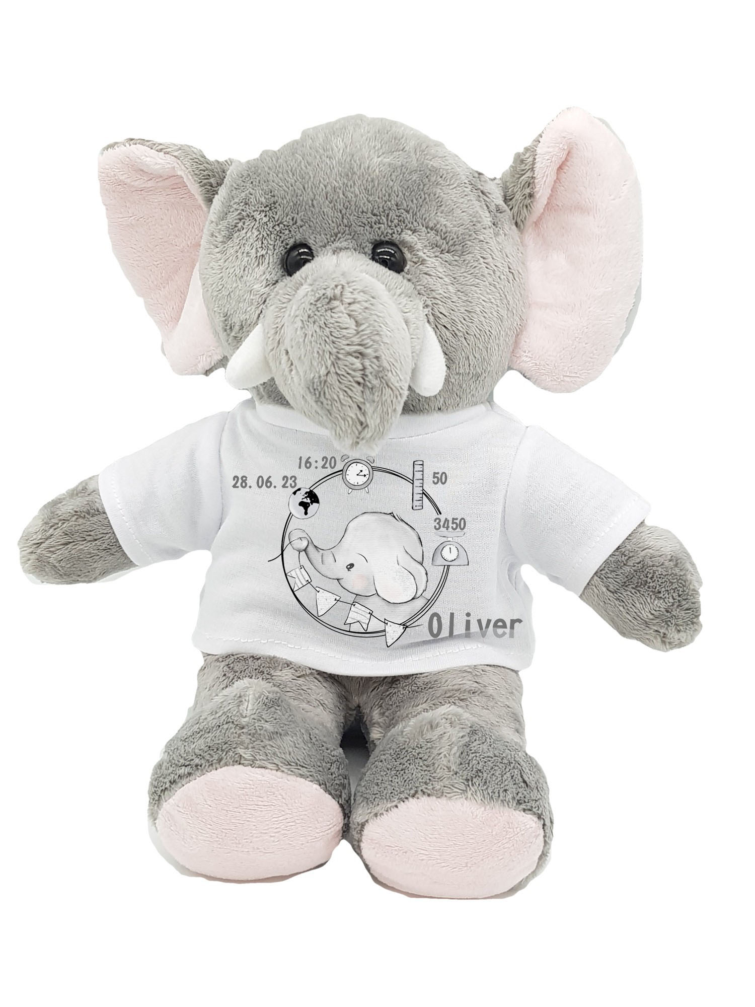 Geschenk zur Geburt oder Taufe Elefant Plüschtier mit Name und Geburtsdaten