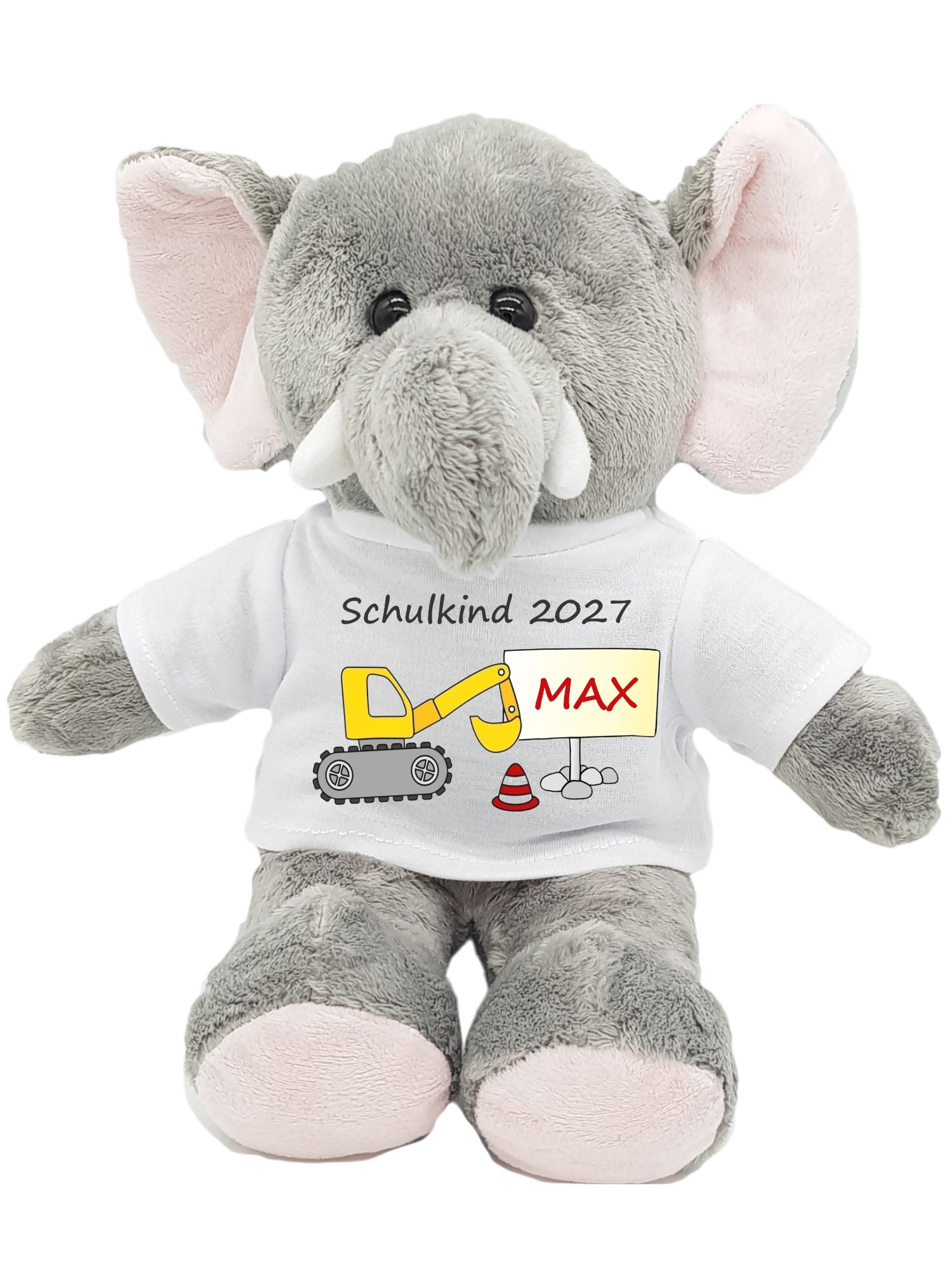 Elefant Kuscheltier zur Einschulung mit Bagger-Motiv
