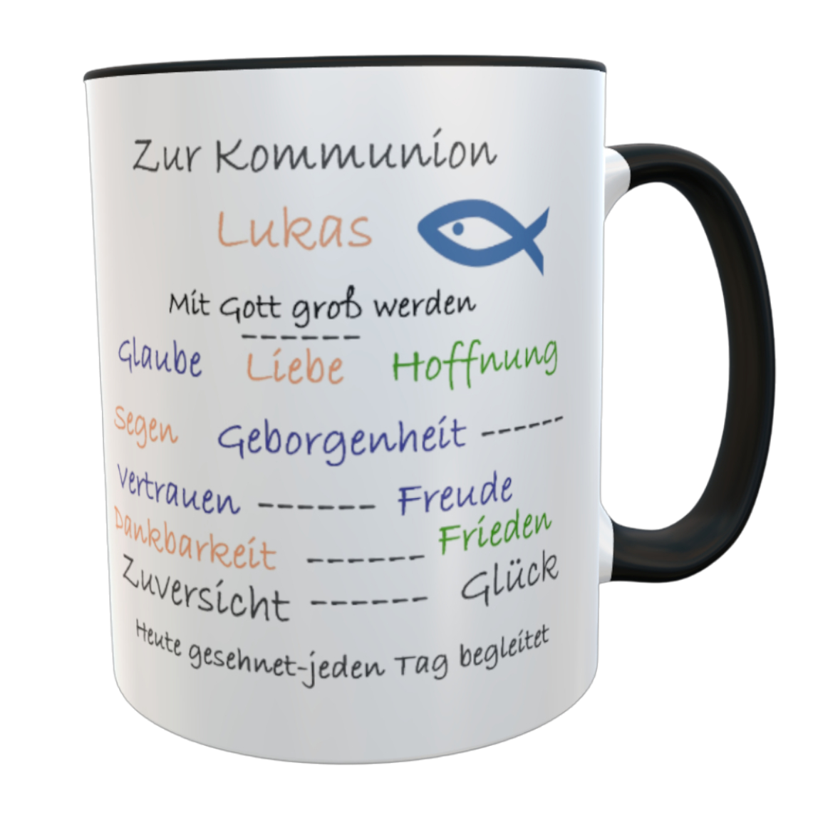 Tasse zur Kommunion mit Name – personalisierter Keramikbecher mit christlichen Worten – schwarz