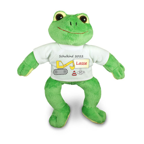 personalisierter Frosch Bagger Kuscheltier für die Zuckertüte