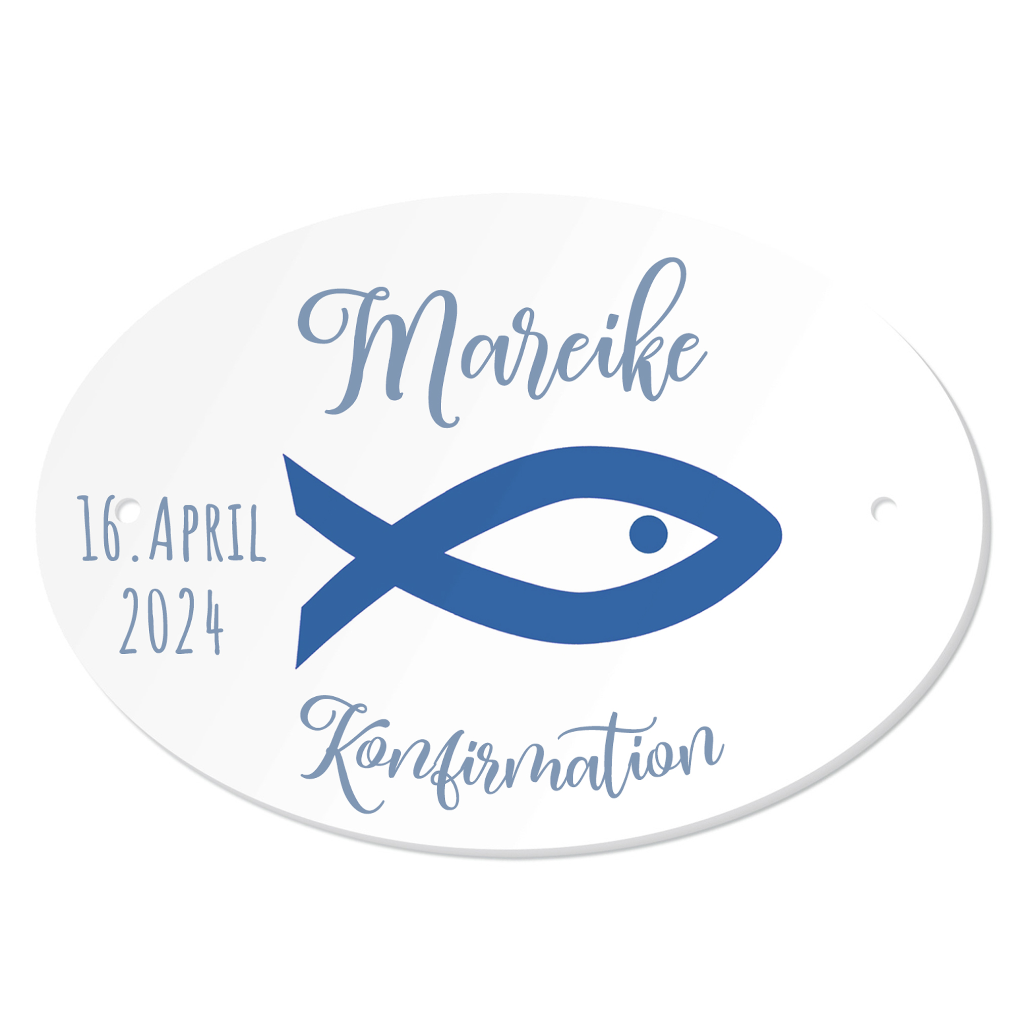 Personalisiertes Namenschild zur Konfirmation Fisch blau