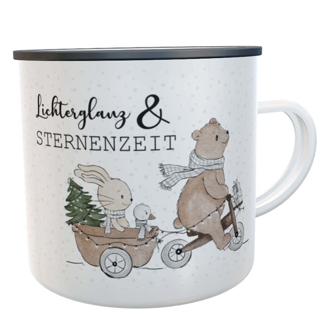 personalisierter Kinder-Emaillebecher Hase/Ente/Bär auf Roller