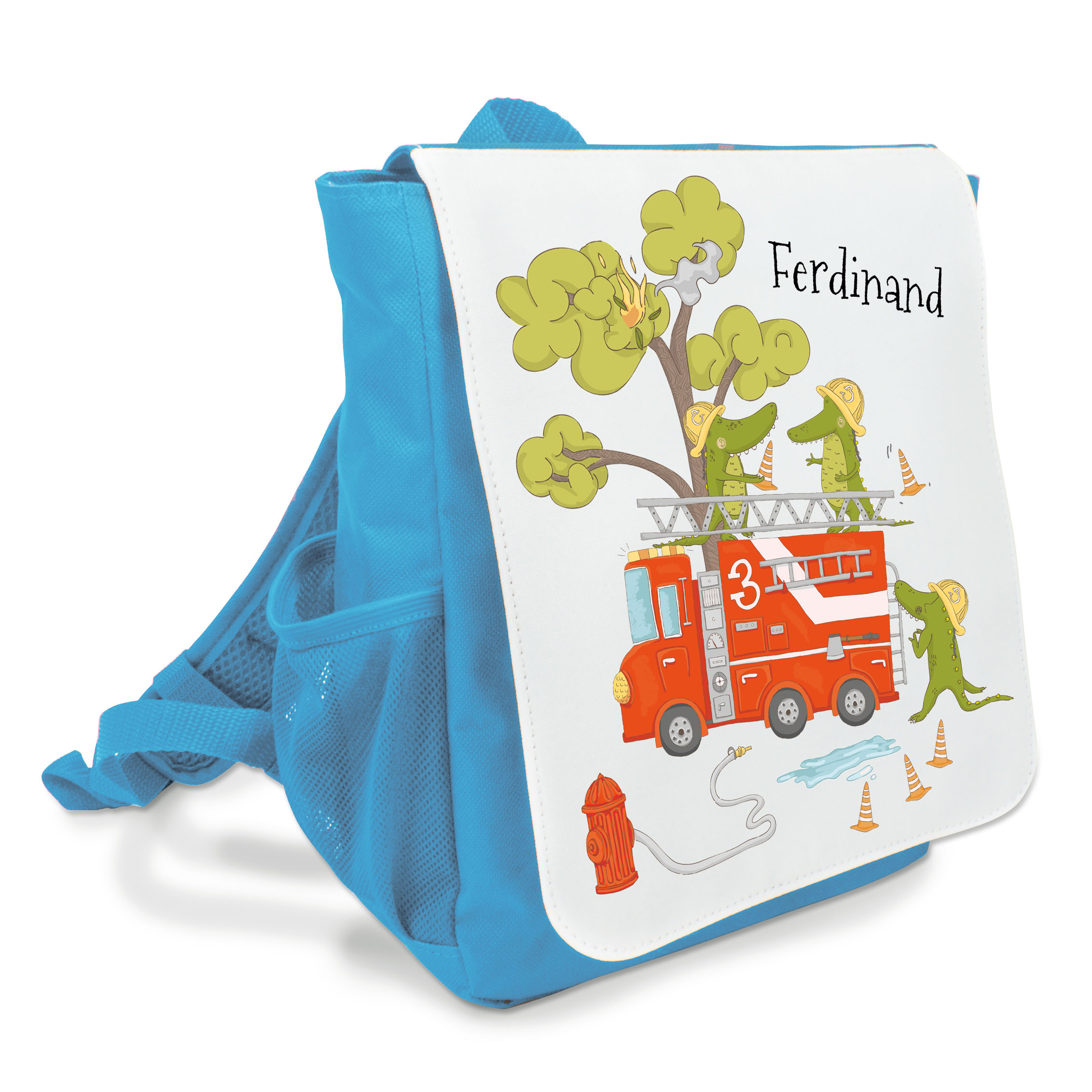 personalisierter Kinderrucksack Feuerwehr Krokodil mit Namen