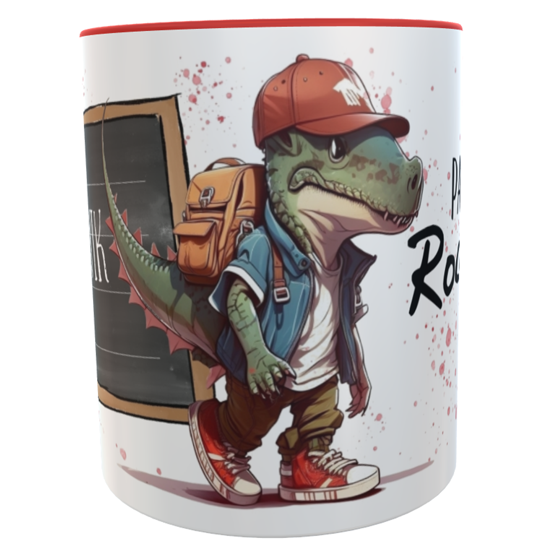 Schulkind - personalisierte Tasse Dino Cap rot Pausenhof-Rocker