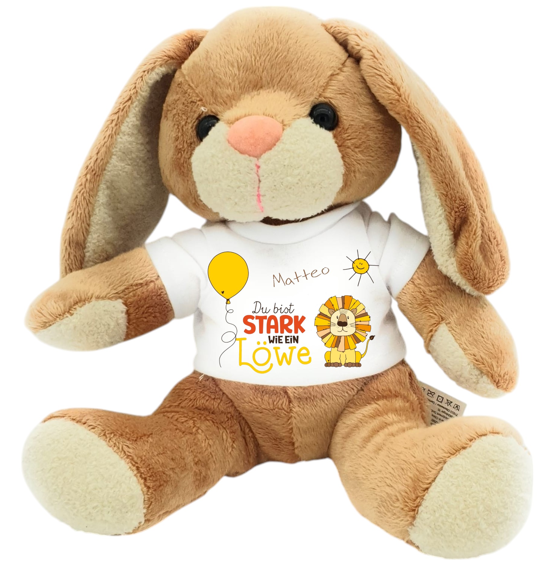 Personalisierter Hase mit Name – Kuscheltier mit Spruch Du bist stark wie ein Löwe