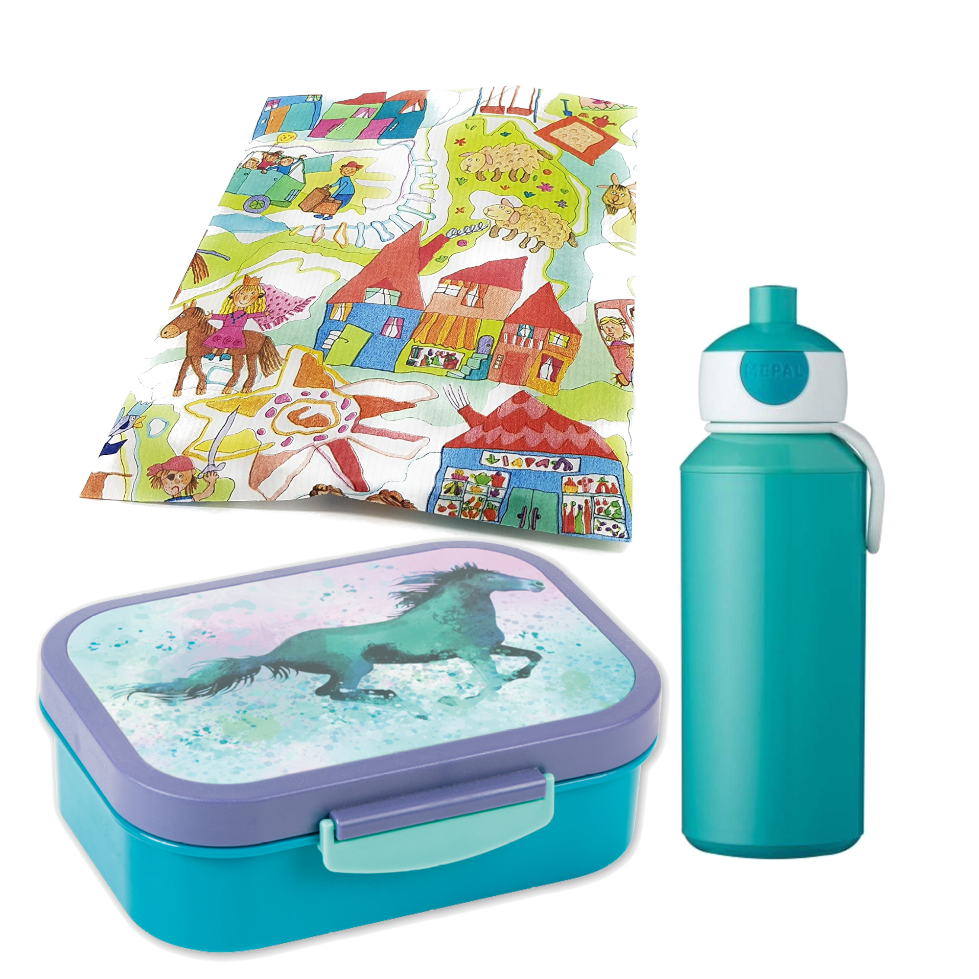 Lutz Mauder Maxi-Lunchbox Horse und Mepal Trinkflasche 400 ml türkis
