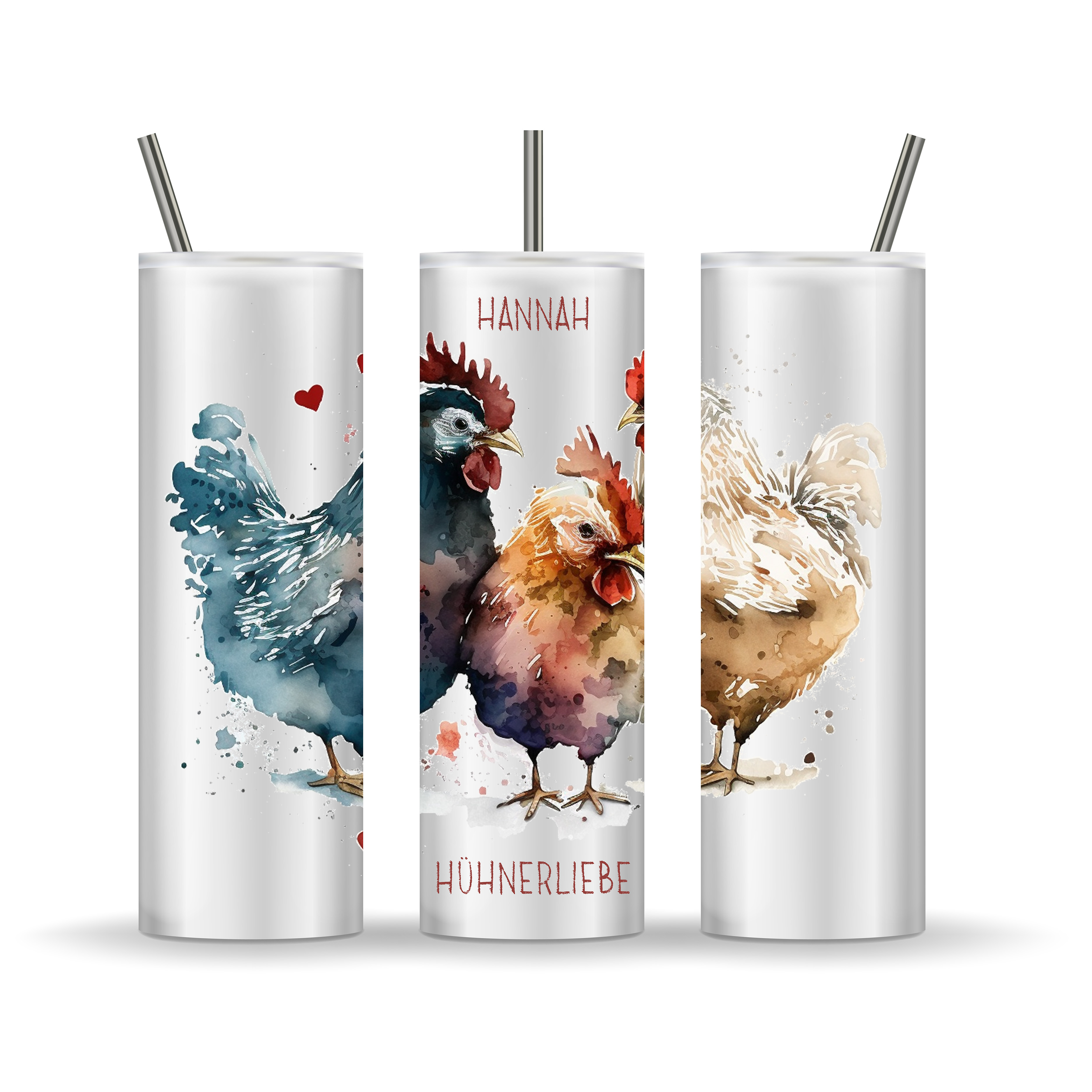 Hühnerliebe Pur: 590ml Thermobecher, Aquarell Hühner, Personalisiert, mit Trinkhalm