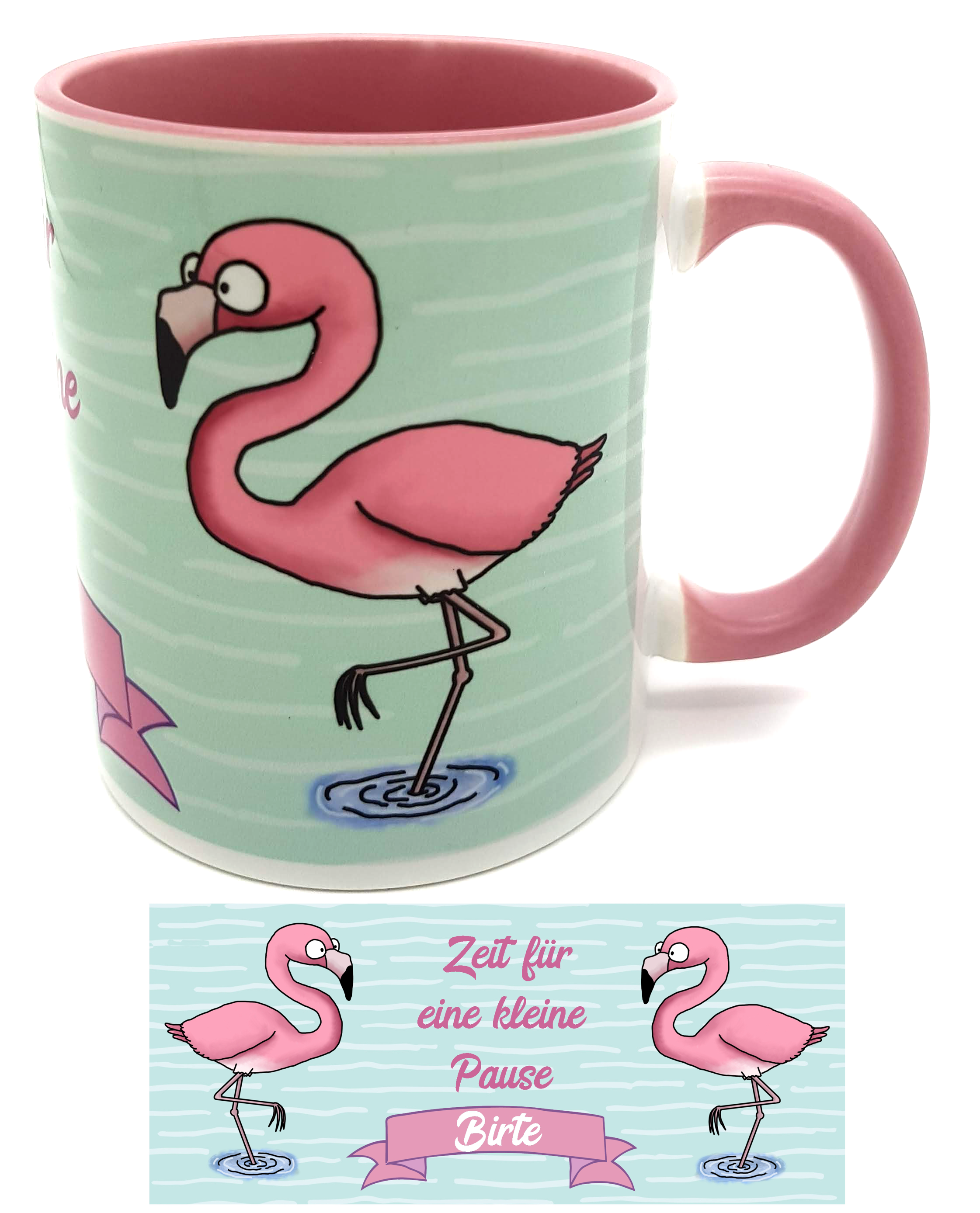 Rosa Kaffeetasse Flamingo Spruch Zeit für eine kleine Pause & Wunschname