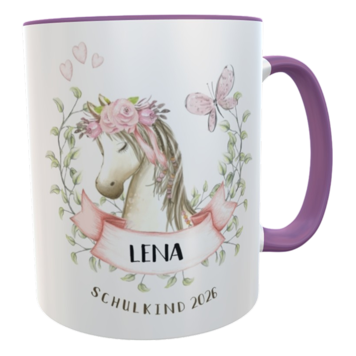 Tasse Pferdekopf lila mit Namen Schulkind 2026