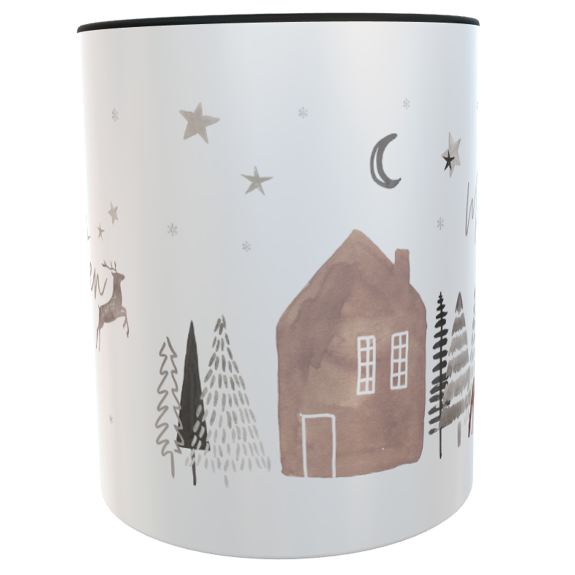 Weihnachtstasse mit Name mit Aquarell Winterlandschaft und fröhlichem Weihnachtsspruch