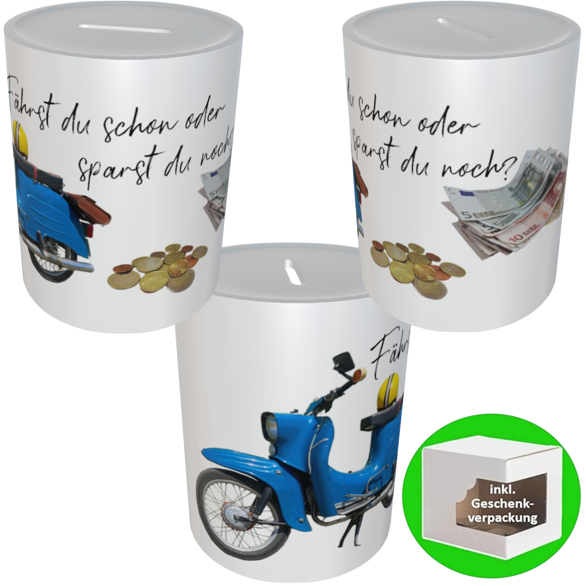 Simson Schwalbe Spardose mit Spruch „Fährst du schon oder sparst du noch?“ – Geldgeschenk & Motivation für Moped-Fans, Führerschein &