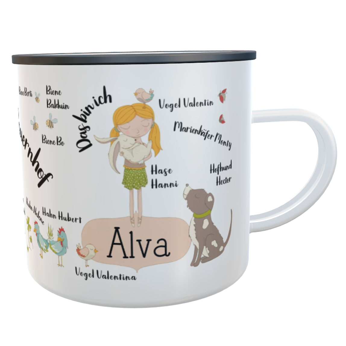 Emaille-Tasse Bauernhof Mädchen/Hase mit Namen