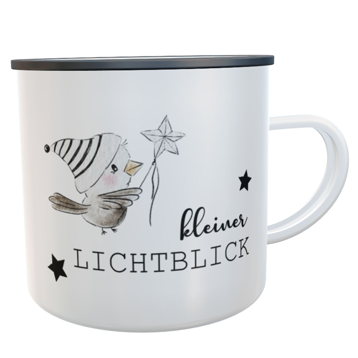 personalisierter Kinder-Emaillebecher Vogel mit Wintermütze