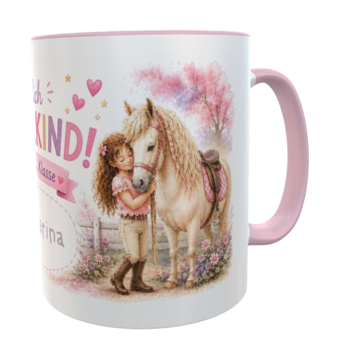 Personalisierte Einschulungstasse Pferd – Endlich Schulkind 2026 mit Wunschname 330 ml Keramiktasse für Mädchen