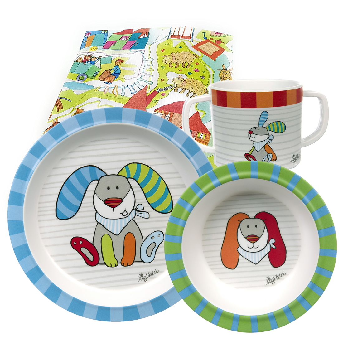 Sigikid Melamin Geschirr-Set Hase Ringeldingel Taufgeschenk 3-teilig