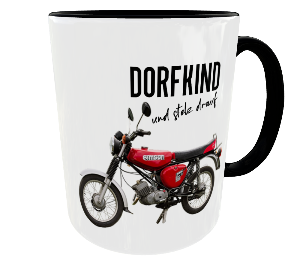 Dorfkind-Kaffeetasse mit Simson S51. DORFKIND und stolz drauf. DDR-Kultmoped S51