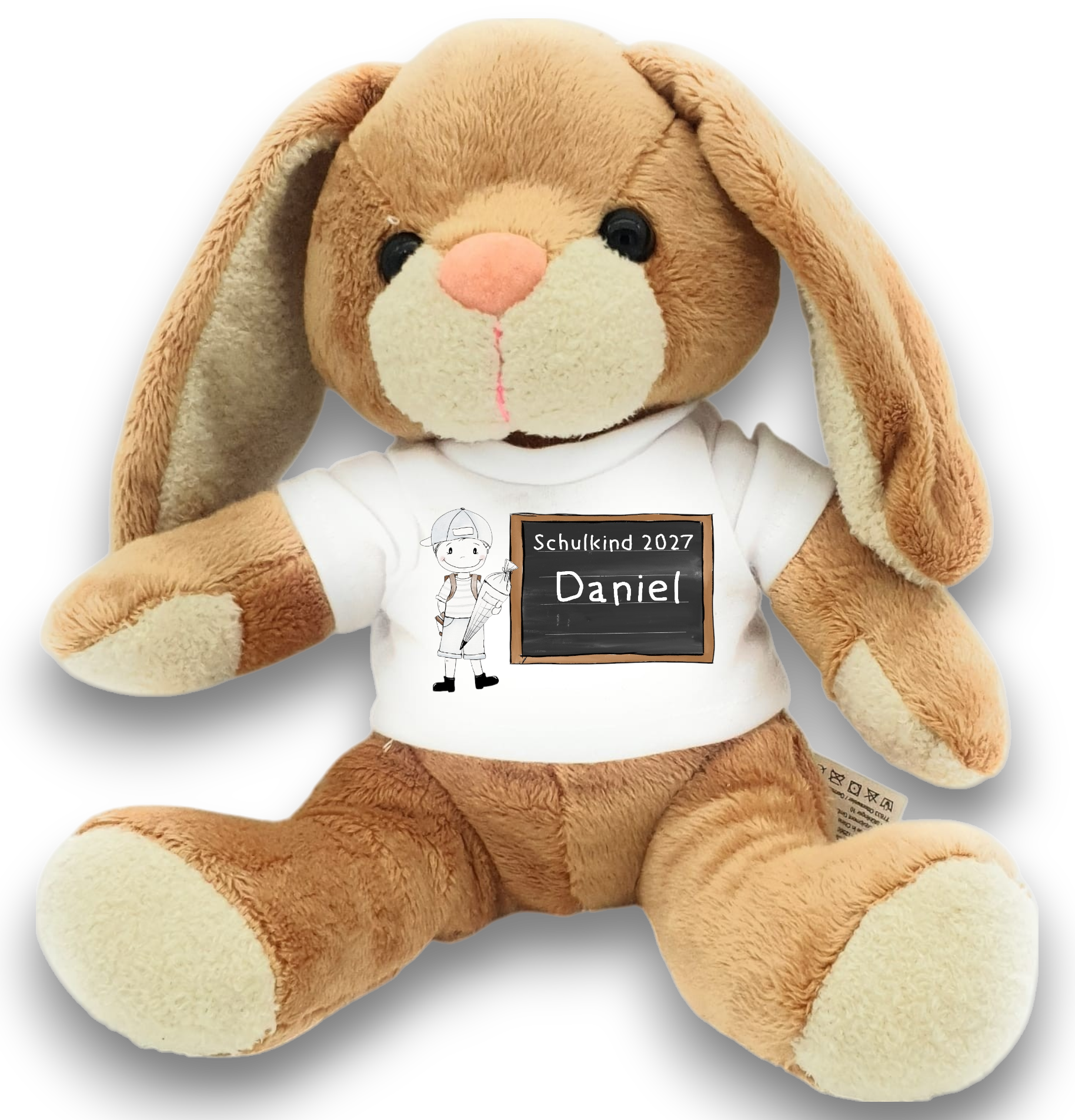 Einschulungs-Kuscheltier Hase nostalgie Junge mit Schultüte – Schulkind 2027