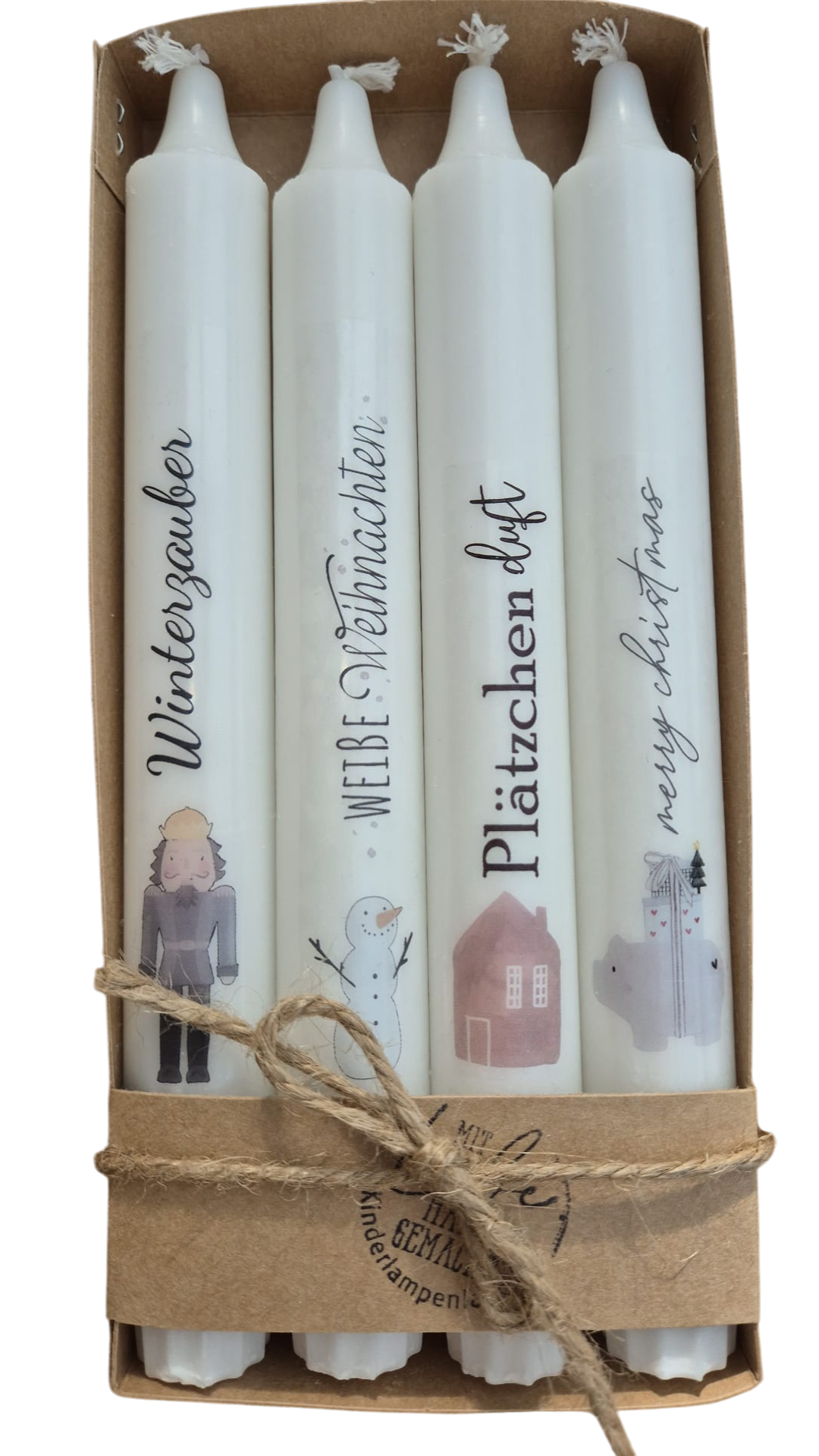 Weihnachtskerzen 4er Set – Stabkerzen mit Sprüchen & Wintermotiven – Winterzauber – Geschenkidee – Hygge Deko