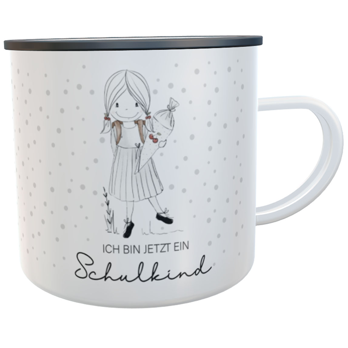 Schulkind-Emaille-Tasse Mädchen Tupfen mit Namen Schulkind 2026 Kindertasse Geschenk zur Einschulung