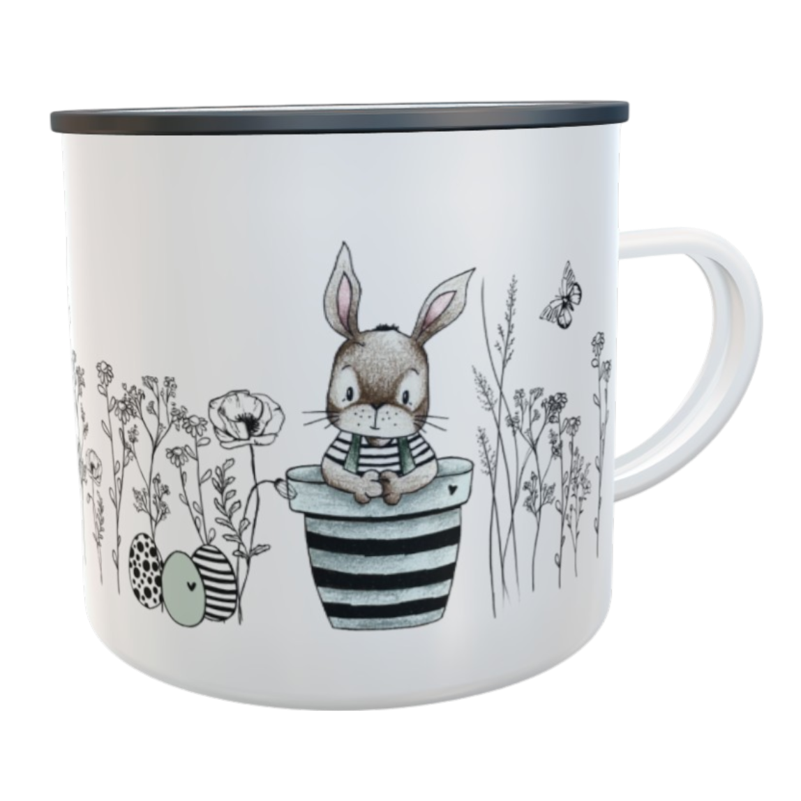 Emaille-Tasse personalisiert – Osterhase im Wildblumenfeld