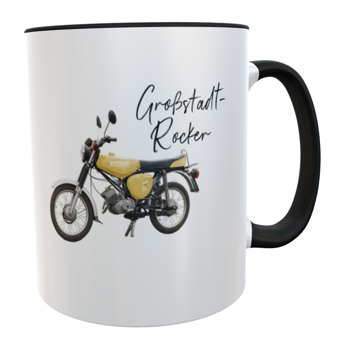 Tasse Moped Simson - Großstadt-Rocker - gelb mit Namen
