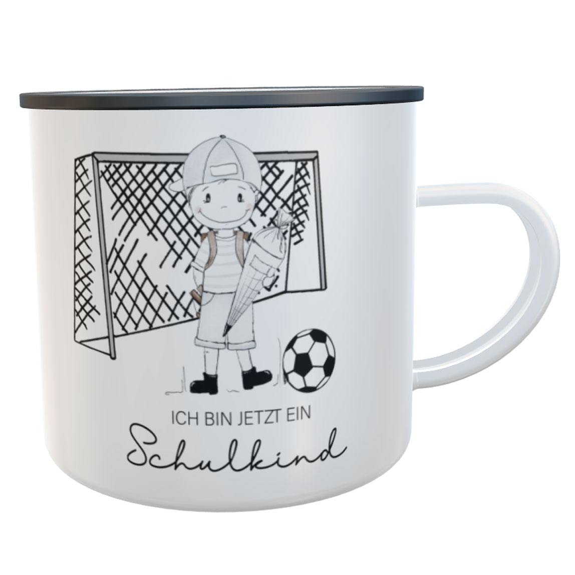 Schulkind-Emaille-Tasse Fußball Jungen mit Namen Schulkind