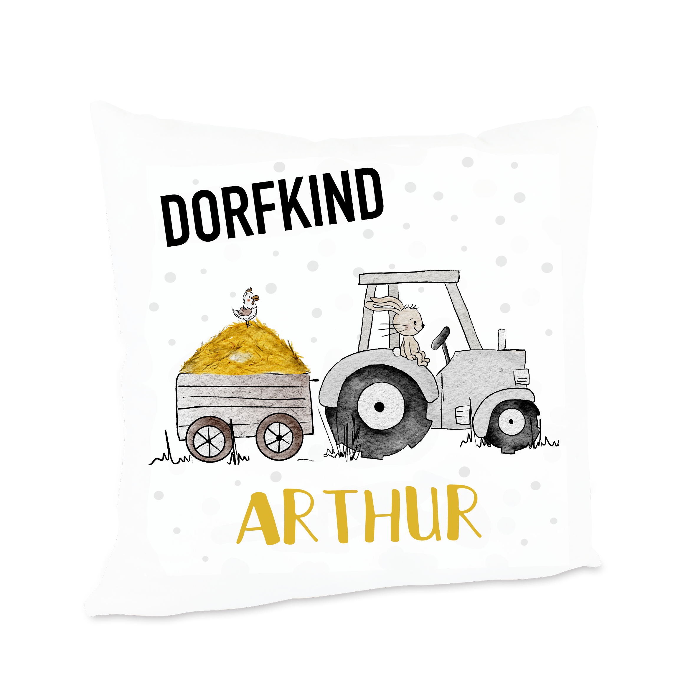 Personalisiertes Kissen Traktor-Hase Spruch Dorfkind