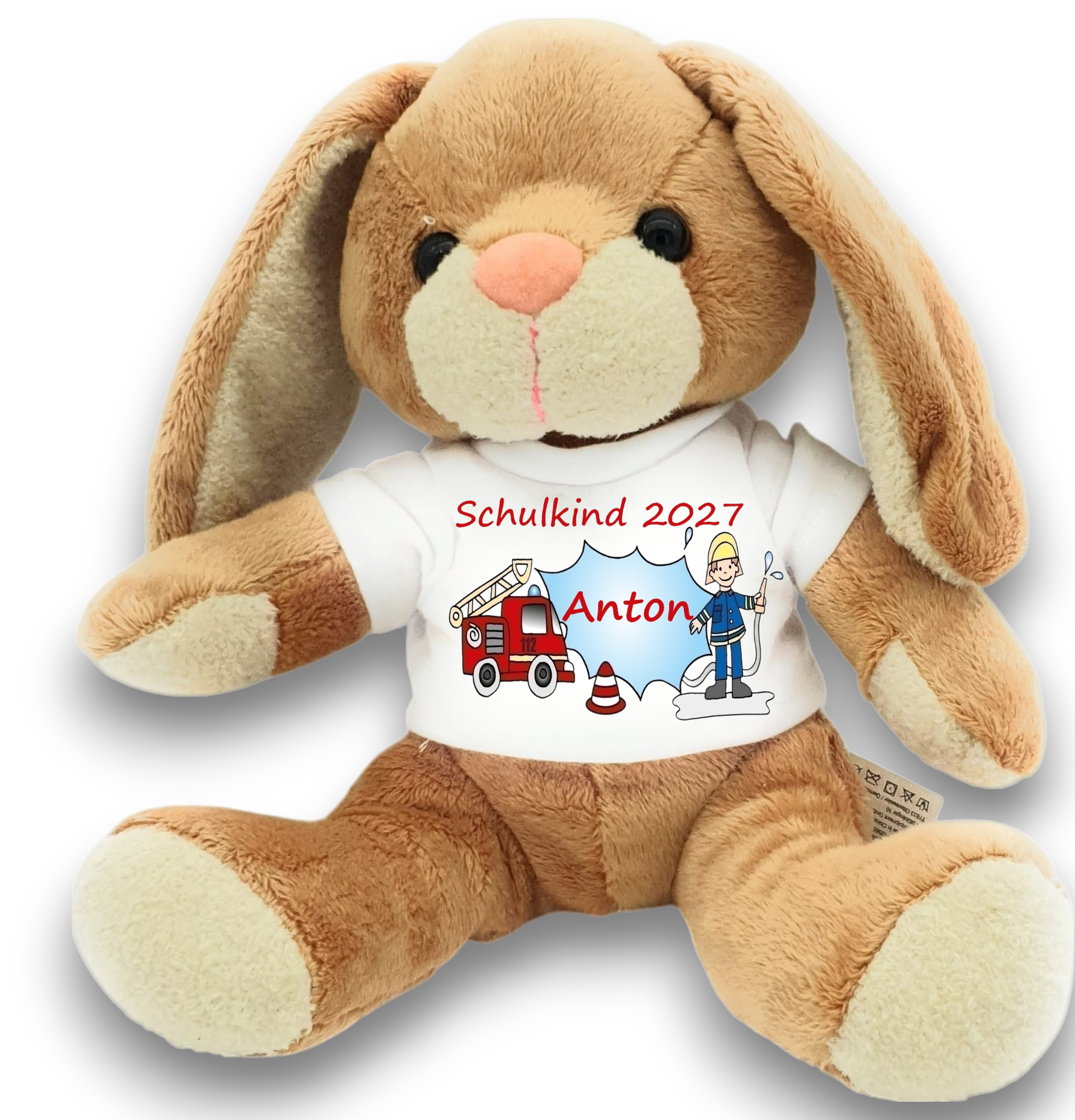 Hase Kuscheltier Feuerwehr für Schultüte mit Namen