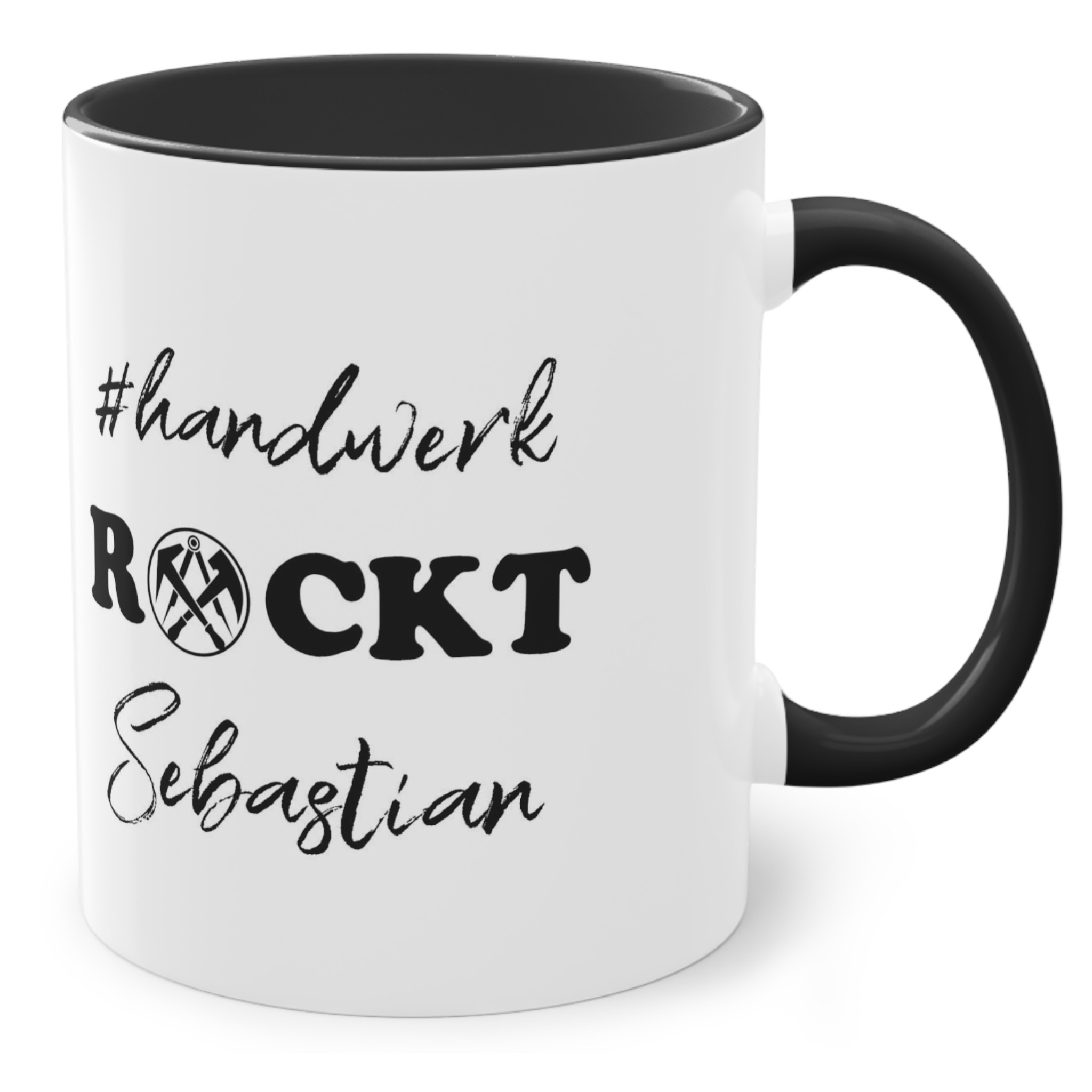 Kaffetasse mit Spruch Handwerk rockt, Zunftzeichen und Name