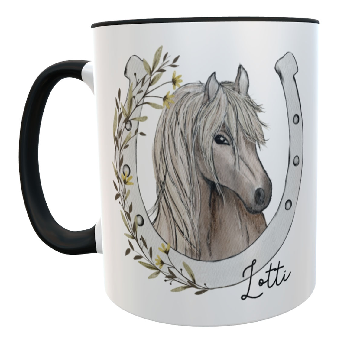 Tasse Pferd mit Namen schwarz