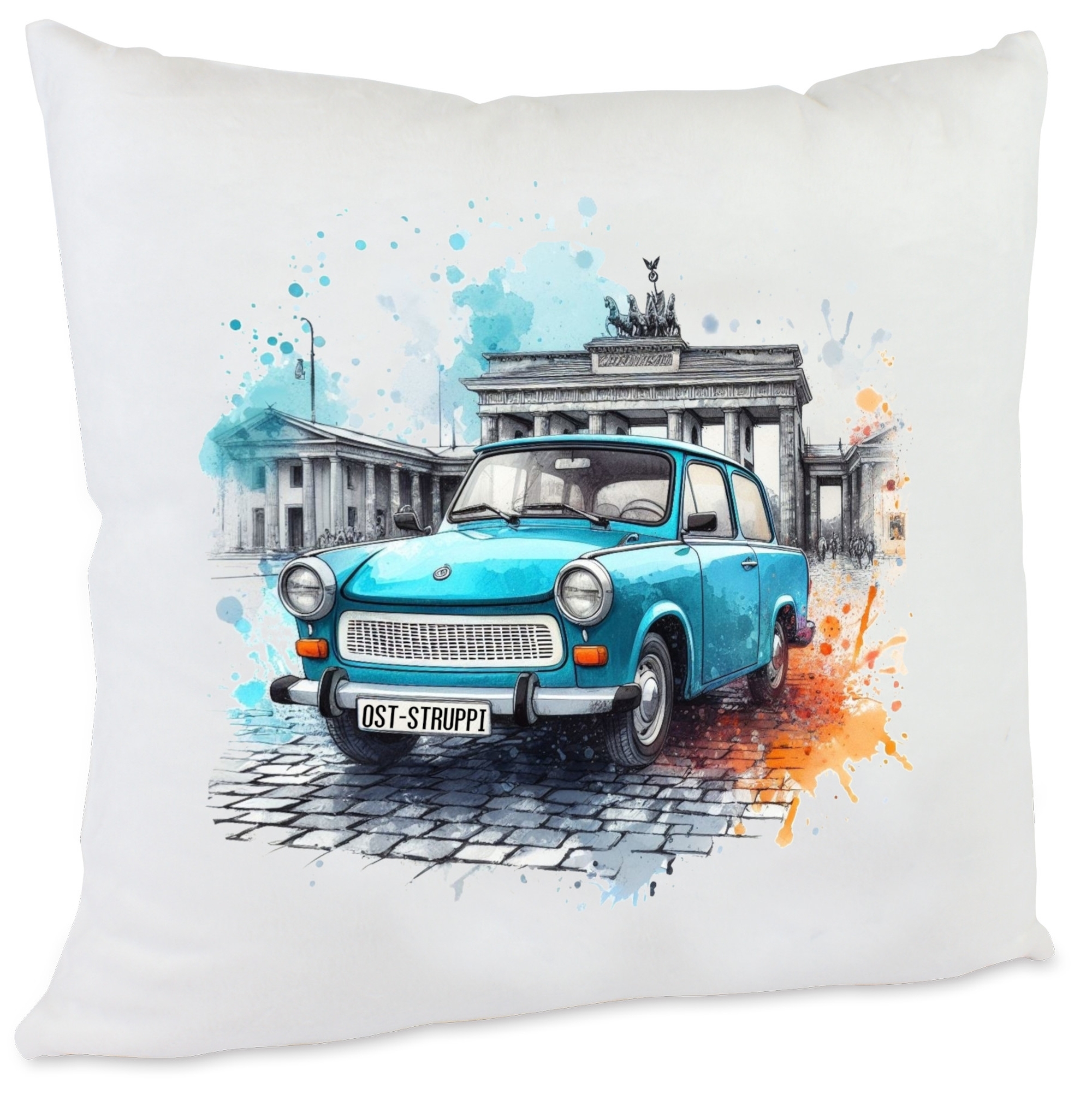 Personalisierbares DDR Trabi Kissen 40x40 cm – Flauschiges Deko-Kissen mit Trabant-Motiv in Berlin, Waschbar, Perfekt als Geschenk für Trabi Fans