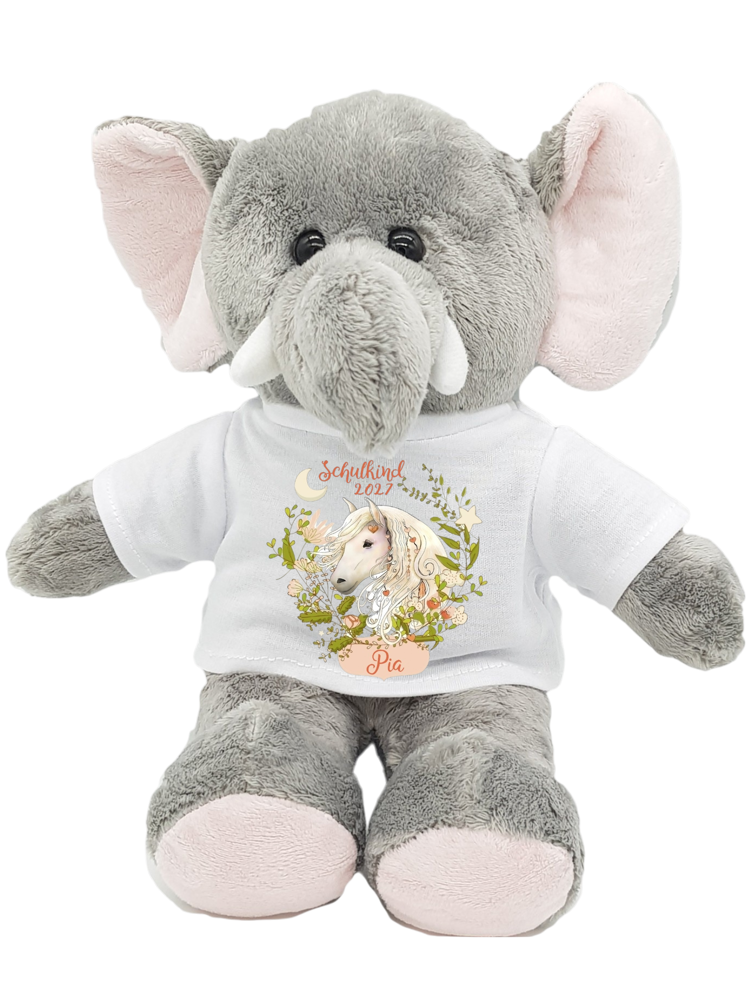 personalisierter Elefant Kuscheltier mit Pferdekopf-Motiv für die Einschulung