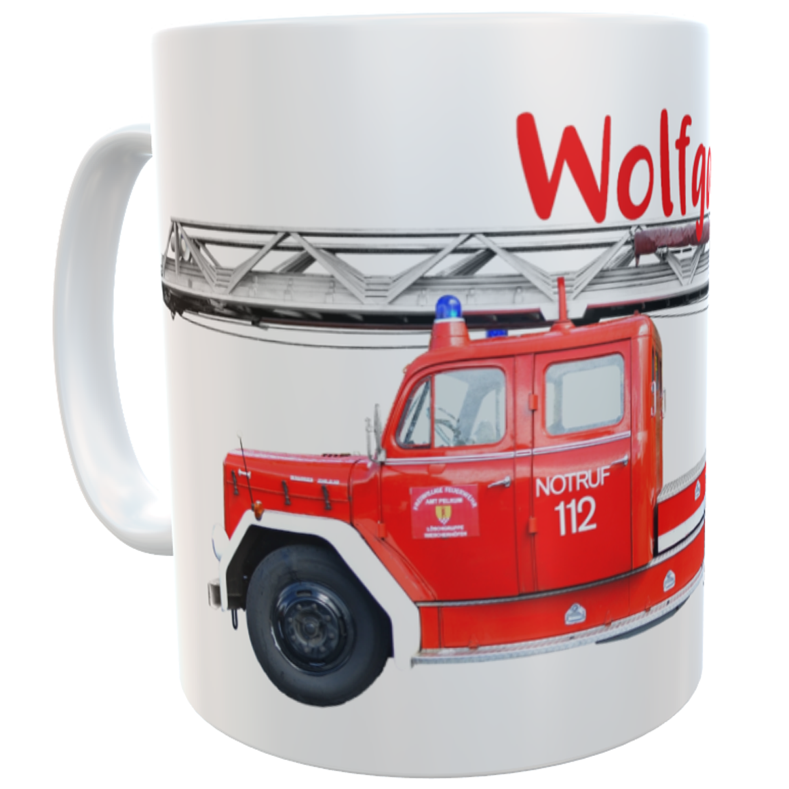 Kaffee-Tasse Feuerwehrauto mit Namen des Feuerwehrmanns