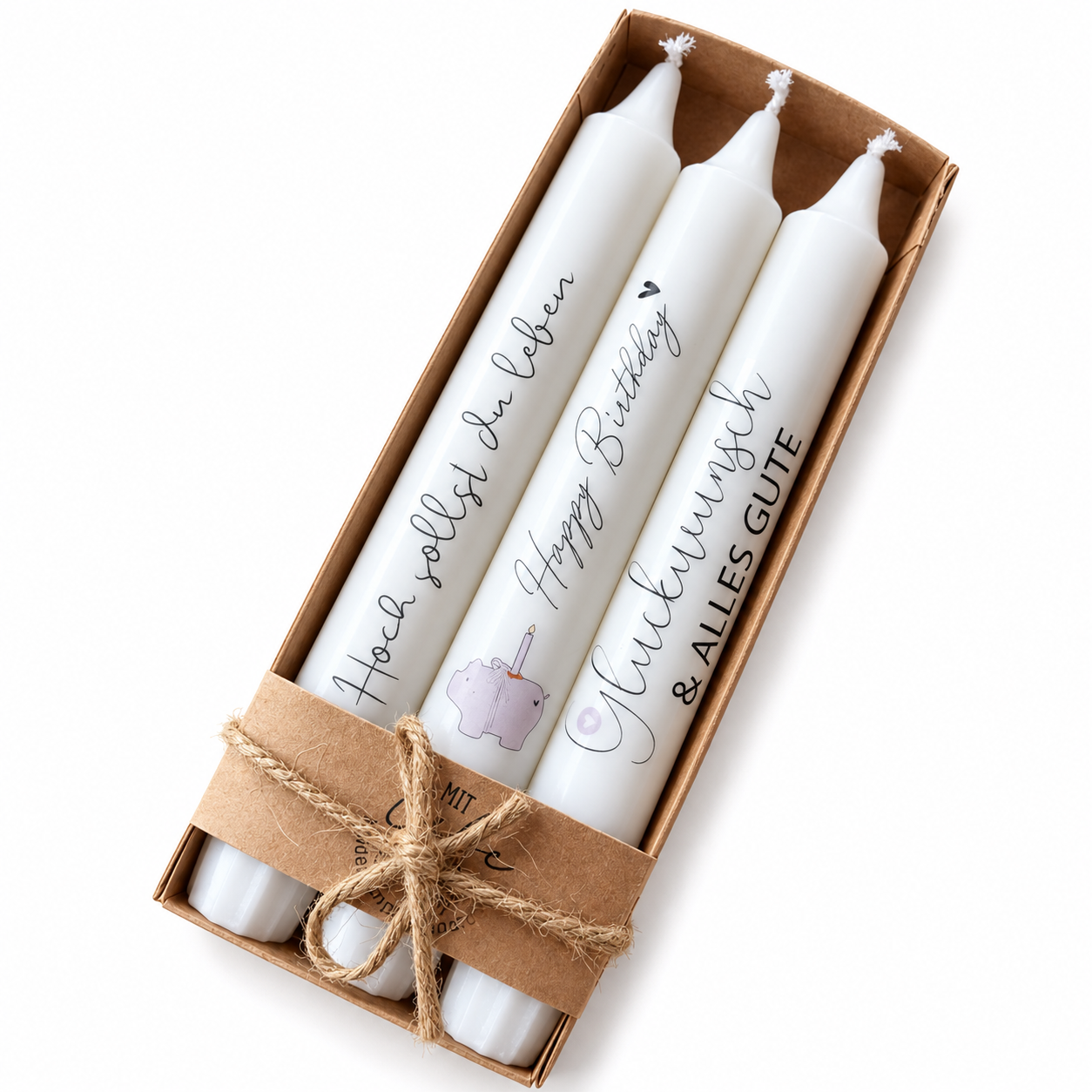 Stabkerzen Geschenkset Geburtstag – 3 weiße Kerzen mit Sprüchen Happy Birthday