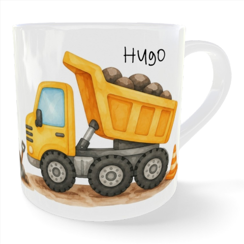 Personalisierte Kindertasse mit Namen – Kipplaster Baustellenfahrzeug Kunststoffbecher 180 ml