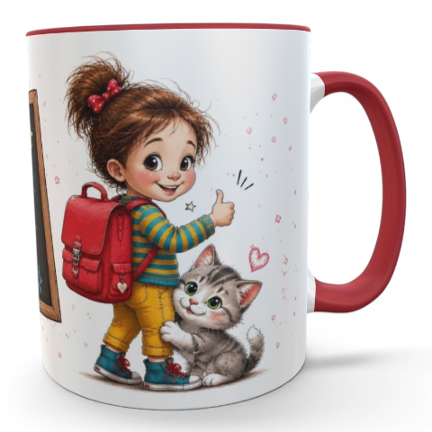 Personalisierte Schulkindtasse Mädchen mit Katze & Wunschname – Einschulung Schultasse 1. Klasse