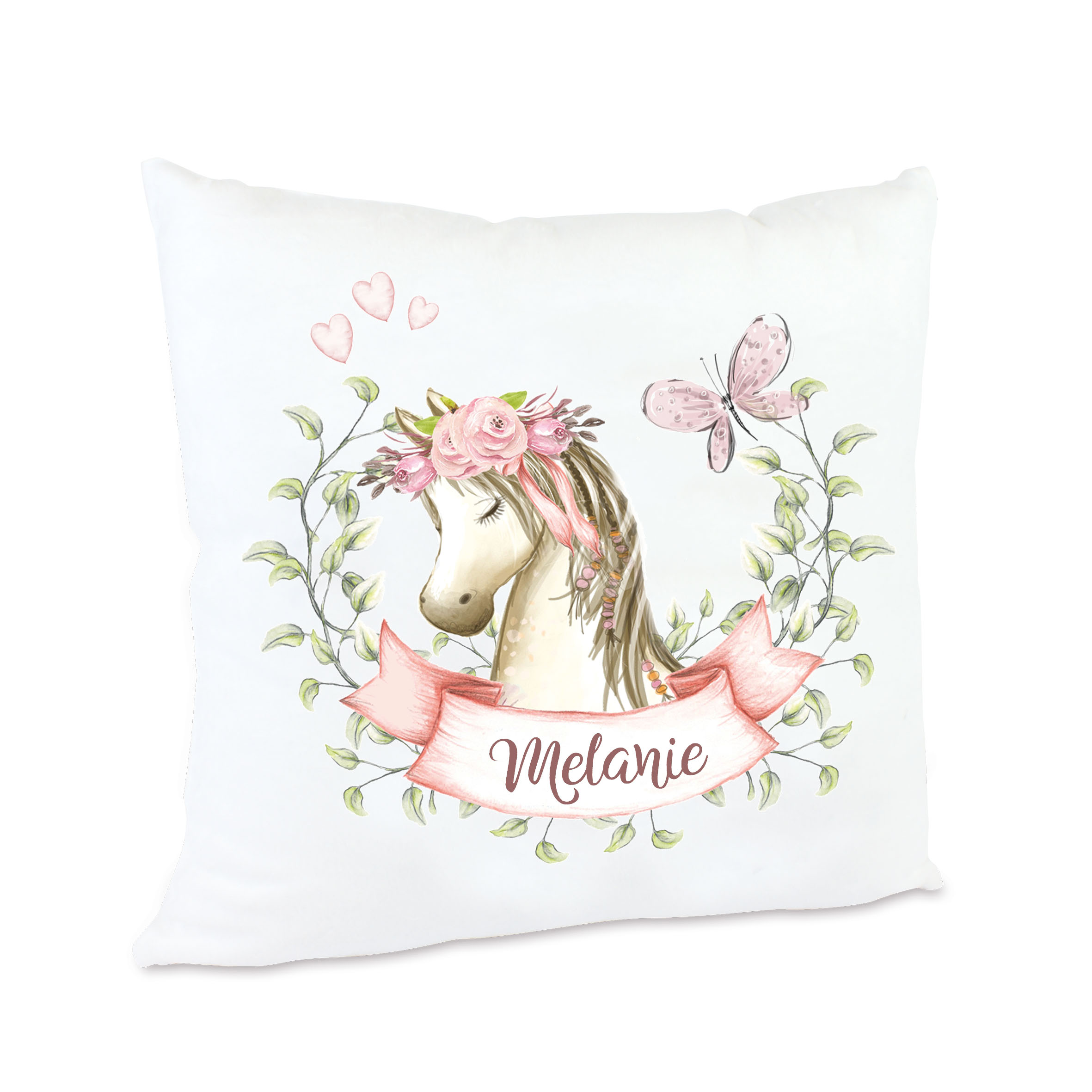 Kissen Pferdekopf-Motiv Blumenkranz mit Namen