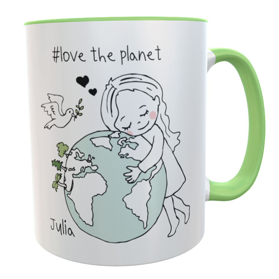 Tasse love the planet Friedenstaube Mädchen mit Namen grün