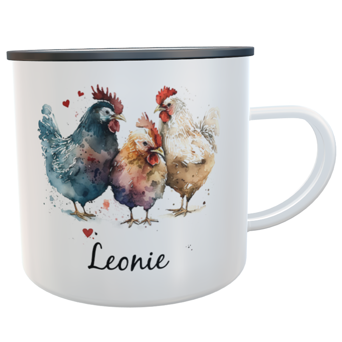 Personalisierte Emaille-Tasse Hühnerfreude - 300ml, Aquarellmotiv, Rustikaler Shabby-Chic