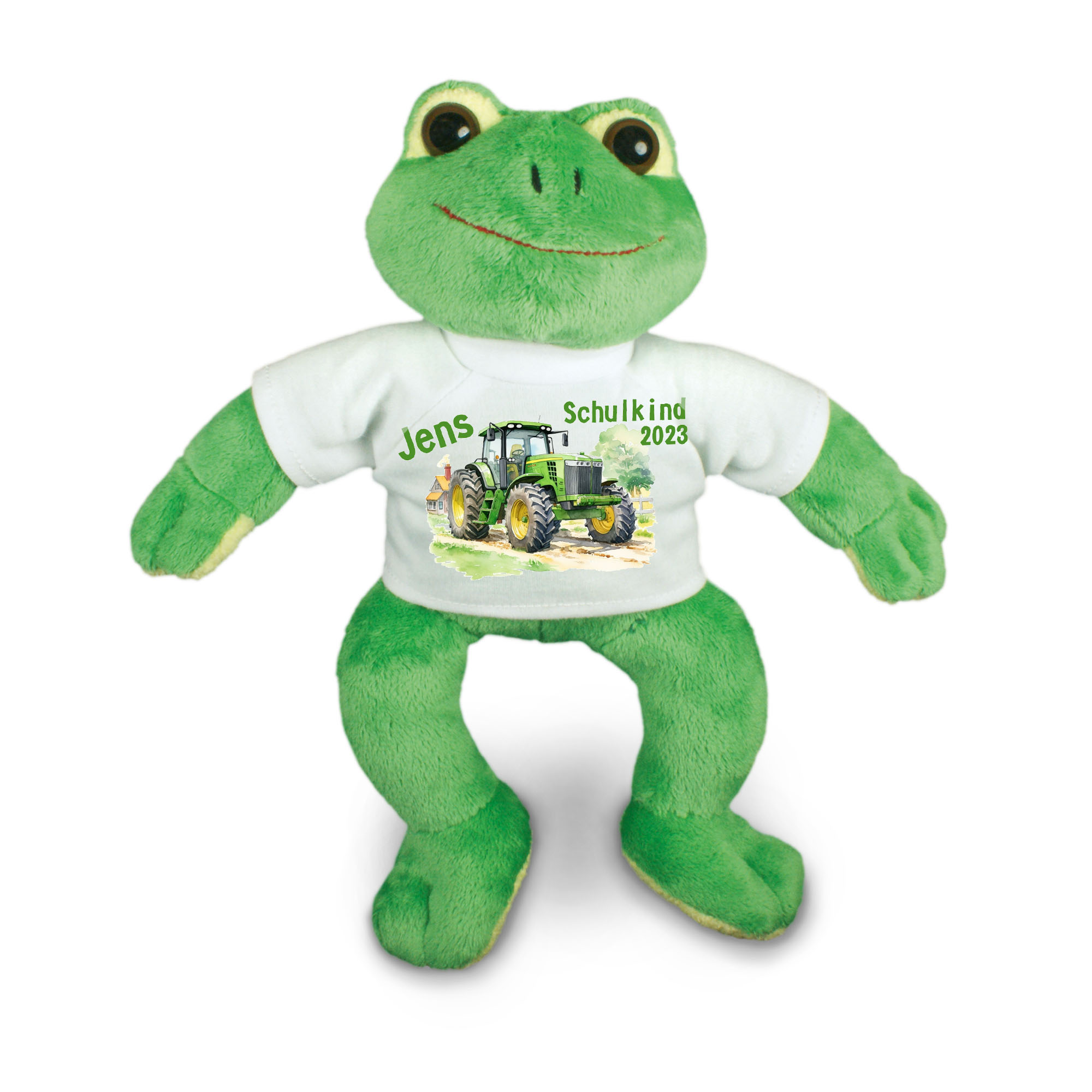 personalisierter Frosch Traktor grün/grau Kuscheltier für die Zuckertüte