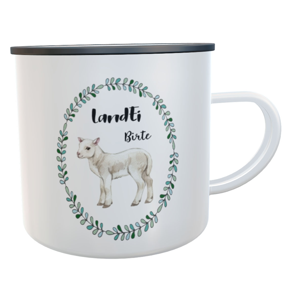 Emaille-Tasse Lamm LandEi mit Namen