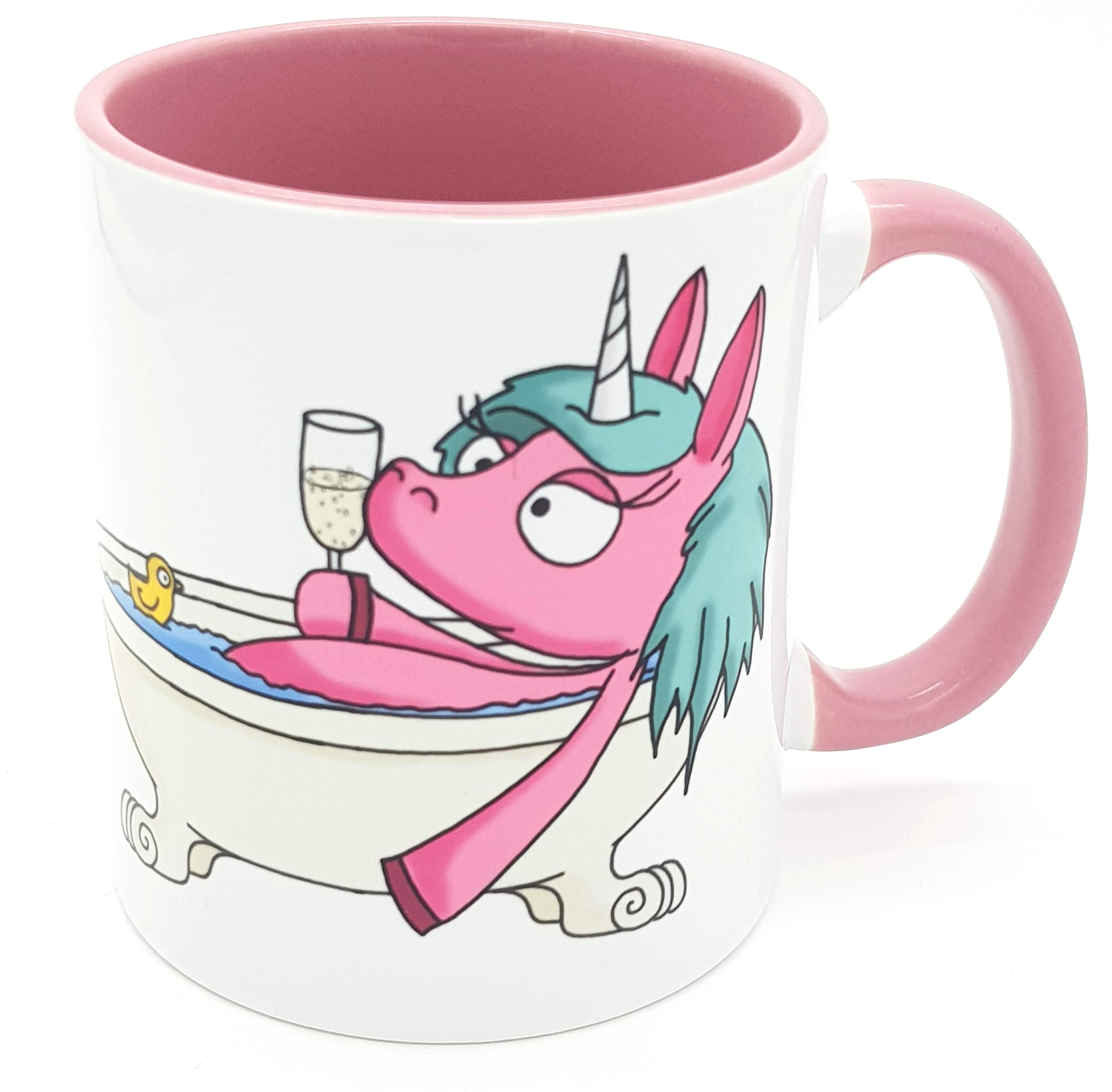 Rosa Bürotasse Einhorn-Diva in der Wanne mit lustigem Spruch als Gott mich schuf... I Teetasse I Kaffeebecher Inkl. Geschenkverpackung