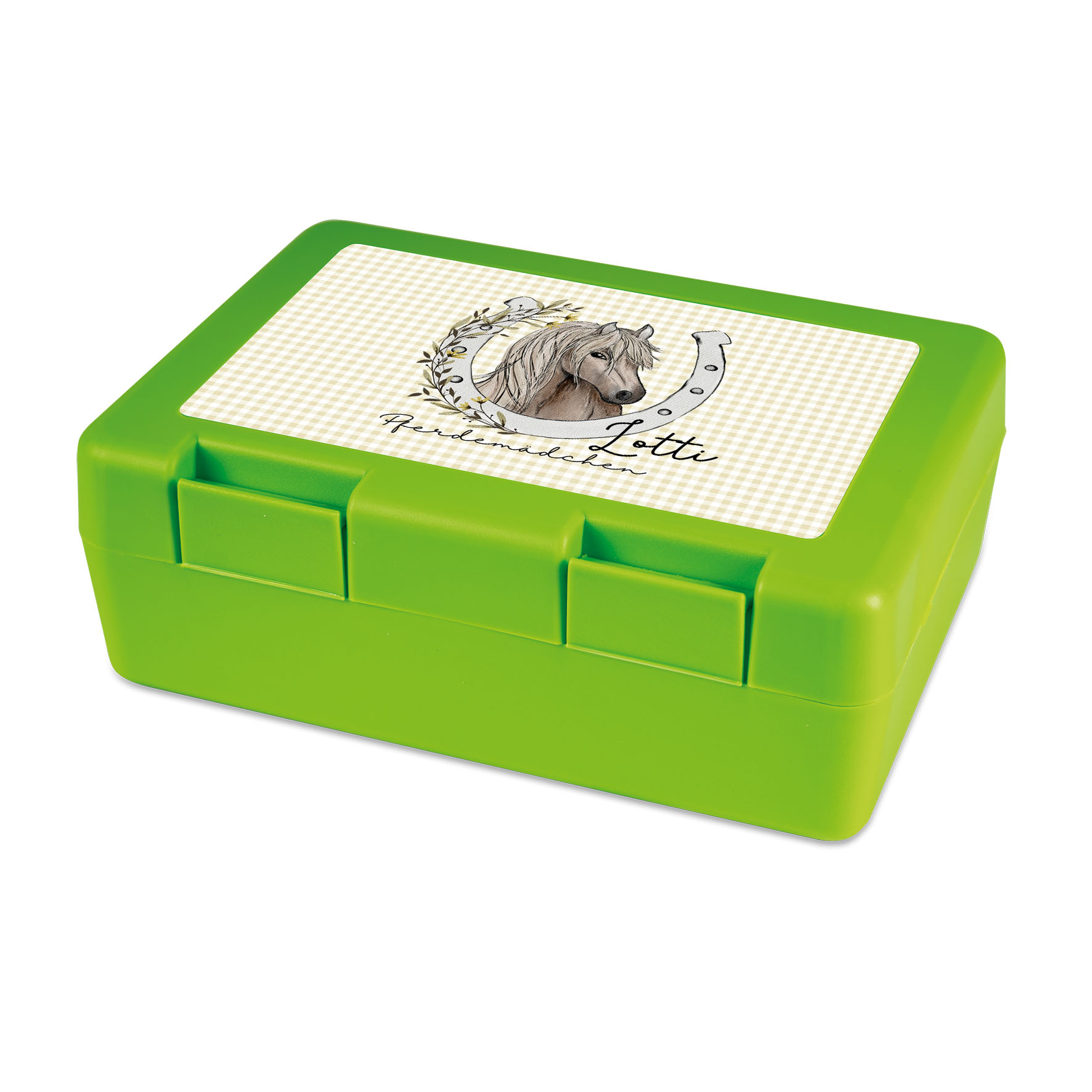 Brotdose Pferd grün mit Wuschnamen personalisiert, Brotzeitbox, Lunchbox, Brotbüchse
