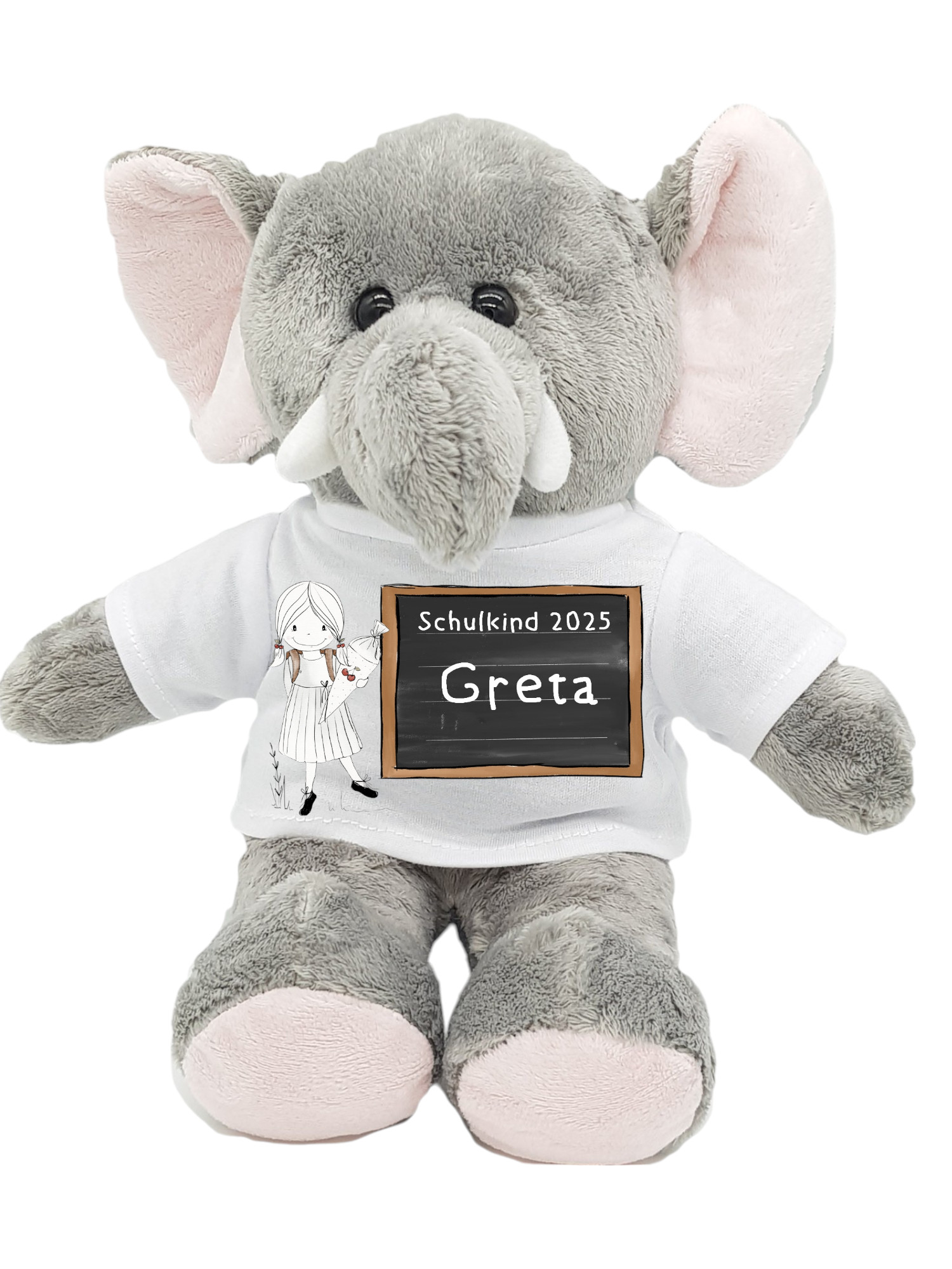 Personalisierter Elefant zur Einschulung 2025 mit nostalgischem Mädchen-Motiv – ideales Geschenk mit Name & Tafel.