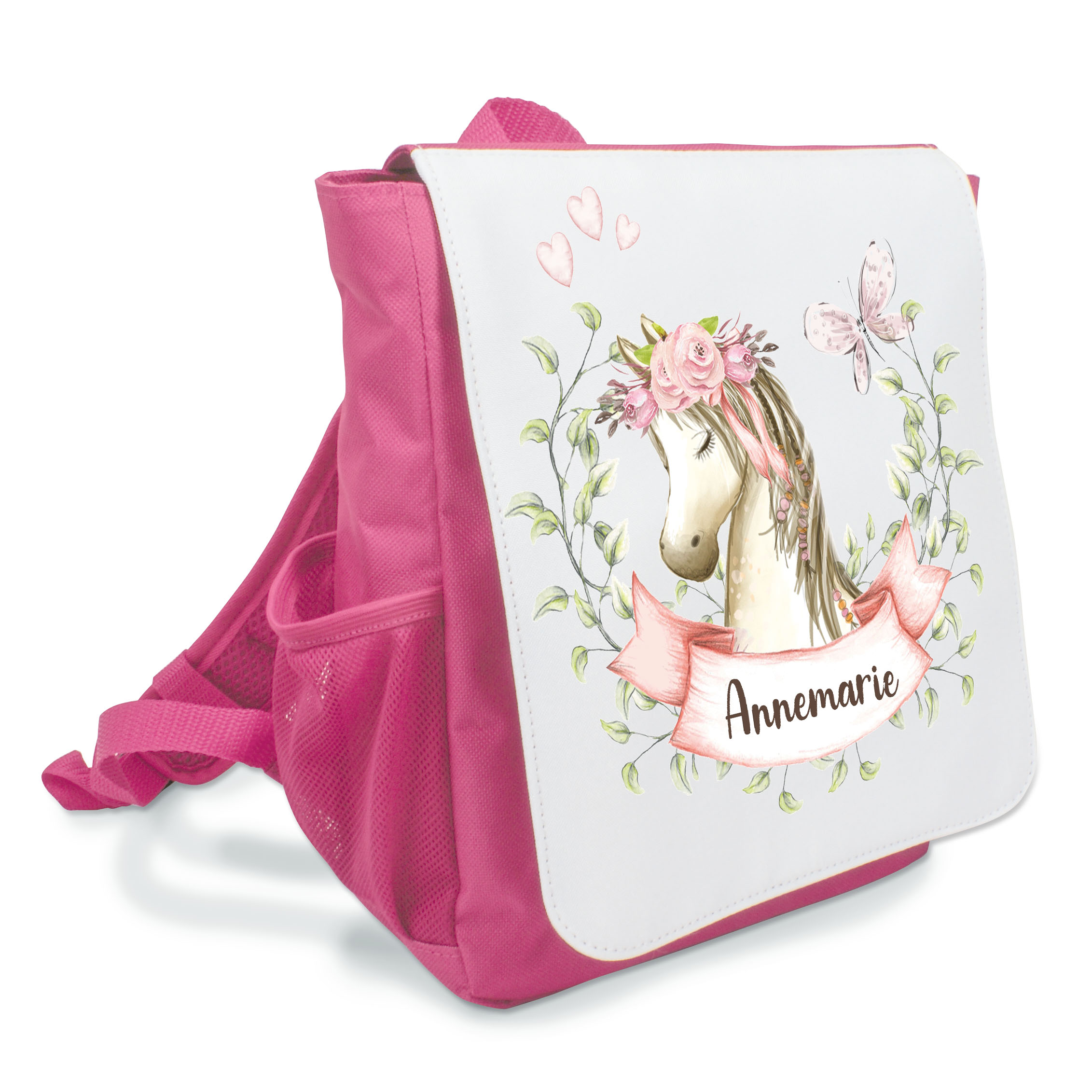 personalisierter Kinderrucksack Pferd Schmetterling mit Namen